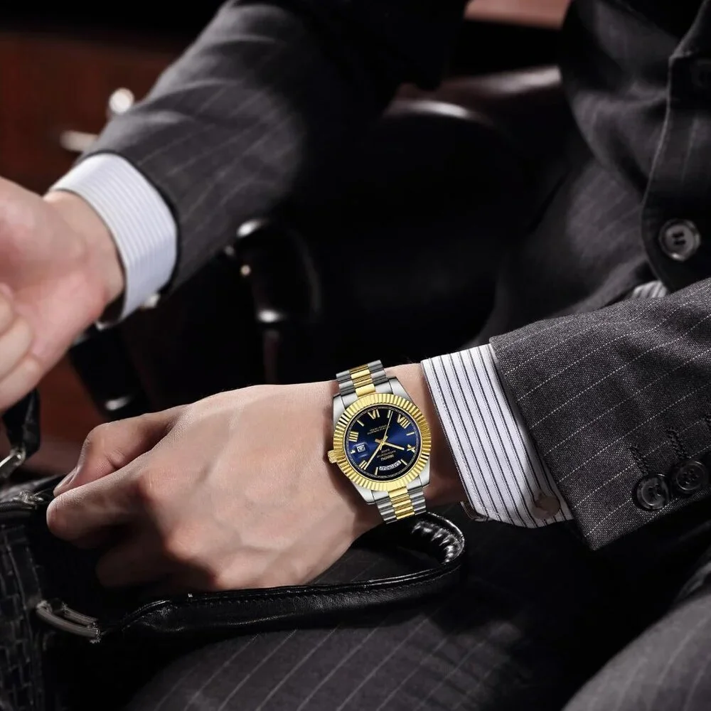 Men's Gold Silver Blue Stain Steel Analog Classic Design Stylish Wrist Watch